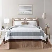 QuiltMuse 100% Cotton Oversized King Bedspread 128"x120" - Soft Lightweight California King Quilt with 2 Pillowshams, Modern Plaid Extra Wide Quilted Bedding Coverlet, 3 Pieces, White/Blue/Brown