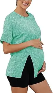 [PARNIXS] Women's Maternity Shirts Split Side Crewneck Pregnant Clothes Short Sleeve Pregnancy Tops Blouses