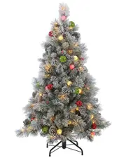 Sterling Tree Company 4.5ft Pre-Lit Flocked Hard Needle Pine With Ornaments And 50 G40 Led Glass Bulbs