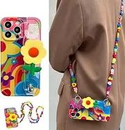 Flower with Lanyard Neck Strap Silicone Phone Case for iPhone, Phone Lanyard Crossbody, Cell Phone Lanyard,Off Phone Strap,Crossbody Case with Strap and Wrist Band Kickstand (13,Style B)