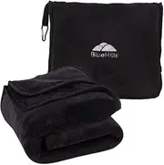 BlueHills Premium Soft Tall Travel Blanket Pillow Airplane Flight Blanket Long 70 X 48 inch Throw in Bag Pillowcase with Backpack Clip Compact Pack Large Blanket Long Black T054