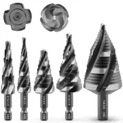 MABLEVI 5 Pcs Four Spiral Flute Step Drill Bit Set, 1/8"-1-3/8" HSS Unibit Step