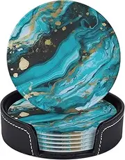 Leather Coasters with Holder, Turquoise Blue Gold Marble Coasters for Drinks, Drink Coasters Set of 6, Cup Mat Absorbent Cup Coasters Modern Coffee Table Coasters for House Warming Gifts