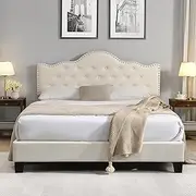 IHOMDEC Double Size Bed Frame, Modern Upholstered Platform Bed with Wingback Headboard, Heavy Duty Button Tufted Bed Frame with Wood Slat Support, Noise Free,Easy Assembly, No Box Spring Needed, Beige