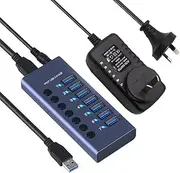 RUNAAJA 4/7/10 Port USB 3.0 HUB Powered +High Speed Splitter Extender Power Supply for MacBook Mac Pro/Mini iMac Surface Pro Laptop/PC (985B-7 Joggle)