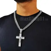Hip Hop Jewelry Glittered Silver Large Jesus Cross & 10mm Cuban Chain Necklace