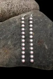 Signed Zuni Sterling Silver Pink Conch Shell Snake Eye Dangle Earrings