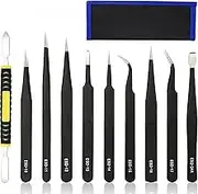 YUEMING 10 Pcs Precision Tweezers Set, Anti-Static Stainless Steel Tweezers Kit ESD Curved Tweezers Set for Electronics, Jewelry Making, Beauty, Craft, Laboratory Work, Hobby