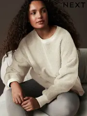 Ecru Print Relaxed Fit Teddy Borg Fleece Cord Back Longline Crew Neck Sweatshirt (B49042) | $30