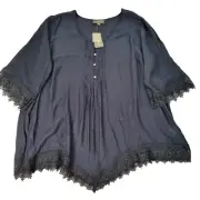AUTOGRAPH Size 24 Navy Blue 'Lace Pintuck Tunic' 3/4 Sleeve Viscose BNWT NEW