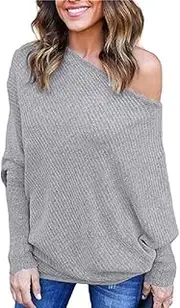 [Cocobla] Women's Knitted One Shoulder Loose Pullovers Batwing Ribbed Sweater