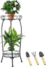 Plant Stand Indoor,Plant Shelf 2 Tier 27",Metal Plant Stand with 3 Small Garden Tool,Corner Plant Stand for Planter Corner Garden Balcony Patio