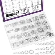 Swpeet 400Pcs 4 Styles M3 M4 M5 M6 M8 M10 Stainless Steel Lock Washers Assortment Kit, External Tooth Washers, Internal Tooth Serrated Lock/Split Lock/Flat Washer for Bolts