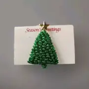 Season Greetings Goldtone Star With Green Christmas Tree Glitter Pin