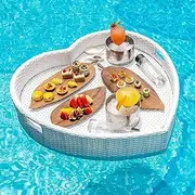 Rattan Pool Tray, Serving Table Rattan Floating Food Beverage Rack for Swimming Pools, Sandbars, Spas, Tubs, Parties Outdoor Bars,White