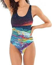 [Joisal] Leopard Jungle Green Swimsuit One Piece Low Back One Piece Push up Bathing Suits for Women, Rainbow Beach, X-Large