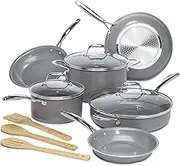 Goodful Ceramic Nonstick Pots and Pans Set, Titanium-Reinforced Premium Nonstick Coating, Dishwasher Safe Pots and Pans, Tempered Glass Steam Vented Lids, Stainless Steel Handles, 12-Piece, Gray