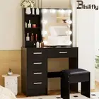 Dressing Table Stool Set Makeup Sliding Mirror Vanity Desk with 10 Lights Black