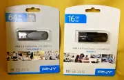 PNY Flash Drives (1) 64GB USB 3.0 4K Ultra HD & (1) 16GB USB 2.0 HD