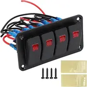 4 Gang Rocker Switch Panel, 12V 20A 24V 10A 4 Gang Rocker Switch, Marine Switch Panel, IP65, with 2 Stickers, Red Backlit Led, for Marine Boat Car RV Vehicles Truck