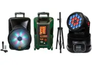 MR DJ DJ15BAT+ 15" Portable Bluetooth Speaker + Speaker Stand + 18-LED Moving He