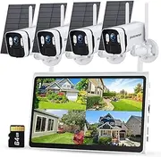 [ZHXINSD] Solar Powered Security Camera Outdoor Wireless System, 5G/2.4G WiFi, 4PCS 4MP Bullet Outdoor Camera with Solar Panel,10CH 10" Monitor Home Security System, AI Human Detection, 2-Way Audio