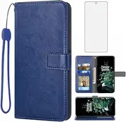 Compatible with OnePlus 10T 5G/One Plus Ace Pro Wallet Case Tempered Glass Screen Protector Cover Card Holder Stand Cell Accessories Phone Cases for On 1Plus 1 + Plus10T 1+ AcePro Women Men Blue