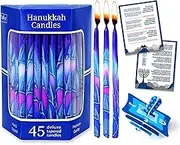 Premium Dripless Hanukkah Candles Thin Tapered Chanukah Candle Set of 45 Enough for Eight Nights of Hanukah Multi Hued Frosted Includes a DIY Dreidel and Prayer Card by Aviv Judaica
