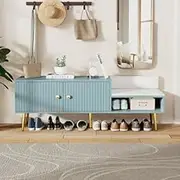 Modern Shoe Storage Bench with Hidden Compartments & Upholstered Cushion - Perfect for Bedside, Living Room, & Entryway - Stylish & Functional Design with Metal Handles & Legs (Tiffany Blue)