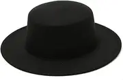 [QUUPY] Fashion Wool Blend Fedora Hat Wide Brim Church Flat Top Derby Cap for Men Women Black, Black, 22-23 inches