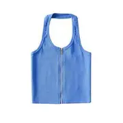 Halter Zip-Up Open Back Ribbed Plain Crop Top Blue - M