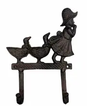 Girl And Her Duckling 2 Hooks For Keys or Coats Cast Iron Handcrafted Black
