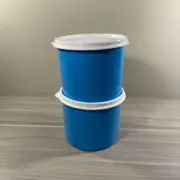 Tupperware Set of 2 Mini Canister 3 Cups Storage Gift Blue w/ White Seals New!
