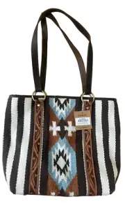 ARIAT TOOLED WOOL BLANKET DISTRESSED LEATHER WESTERN AZTEC PRINT TOTE BAG BOHO