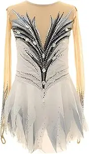 [Zagitova] Girls' Figure Skating Dress for Competition, Mesh Patchwork Sparkly Skate Ballet Dance Costume, Customizable