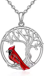 Red Cardinal Necklace Tree of Life Cardinal Necklaces for Women Sterling Silver