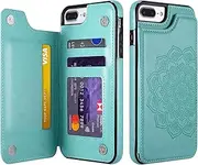 UEEBAI Case for iPhone 6 Plus iPhone 6S Plus,Luxury PU Leather Case [Two Magnetic Clasp][Card Slots] Stand Function Embossed Mandala Pattern Half Flower Durable Soft TPU Back Wallet Cover-Mint Green#2