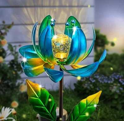 Solar Yard Lights Wind Spinners- Metal Lotus Flower Garden Decor LED Crackle ...