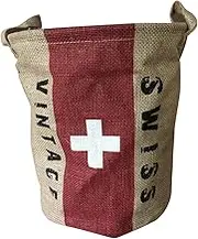 Coralpearl Burlap Woven Storage Basket Collapsible Vintage, Round Jute Food Toy Bucket Organizer with Handles, Small Linen Patriotic Decor Bin for Shelf Table Desk Top, 24cm D.X 30cm H (Swiss Flag)