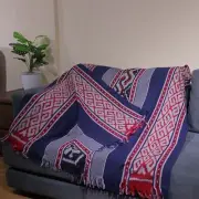 Ikat Blanket Throw, Blue Red Gray, Handwoven in Indonesia