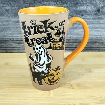 Halloween Coffee Mug Orange Black Trick or Treat Ghosts Tea Cup 17oz Blue Sky