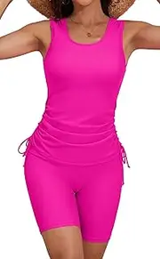 [B2prity] Tankini Swimsuits for Women Tummy Control Two Piece Bathing Suit Tank Top with Shorts Side Tie Swimwear