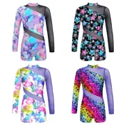 Girls Gymnastics Jumpsuit Ballet Dance Long Sleeves Kids Mesh Patchwork Unitards