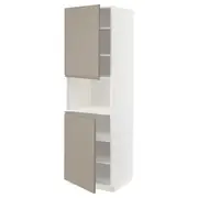 METOD high cab f micro w 2 doors/shelves, white/Upplöv matt dark beige, 60x60x200 cm