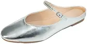 [LETCLOCOM] Women's Leather Closed Round Toe Flat Mules Comfortable Adjustable Ankle Strap Backless Slip On Flat Heel Slides Summer Daily Casual Shoes