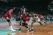 Reggie Lewis Boston Celtics drives to the basket v Michael Jordan - Old Photo