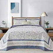 FineStichery Oversized Quilt Bedspread Coverlet Set, 128"x120" 100% Cotton California King Quilt, Botanical Pattern, Lightweight Quilted Reversible Bedding Set with 2 Pillow Shams, Blue/Yellow
