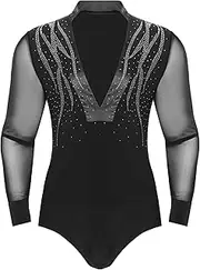 [Loodgao] Men Glitter Latin Dance Shirt Bodysuit Mesh Long Sleeve Salsa Rumba Ballroom Dancing Costume