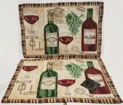 Set of 2 Tapestry Placemats,13"x19",WINE & GRAPES, 2 BOTTLES, 2 GLASSES & GRAPES