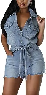 [GHAKKE] Fashion Denim Women Rompers Retro Lapel Sleeveless Short Pants Side Pockets Front Button Down Chic Jumpsuits With Belt